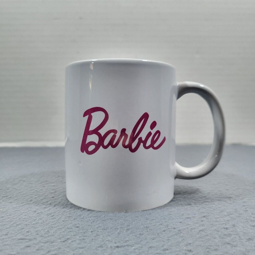 Barbie Logo Coffee Mug Pink White Modern Gourmet Foods Stoneware Cup Mattel 2023